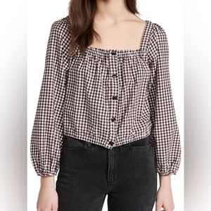 Madewell Medium Brown White Gingham Puff-Sleeve Button-Front Crop Top in Plaid G